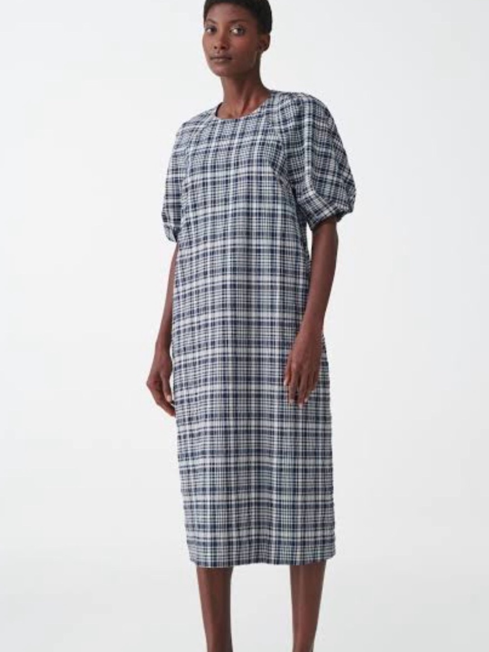 COS Organic Cotton Checked Long Seersucker Dress Size 10 EUC MIDI